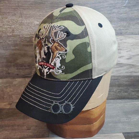 Born to Hunt Camo & Black Adjustable Hat Cap Hunting Deer Camouflage Green - Picture 2 of 11